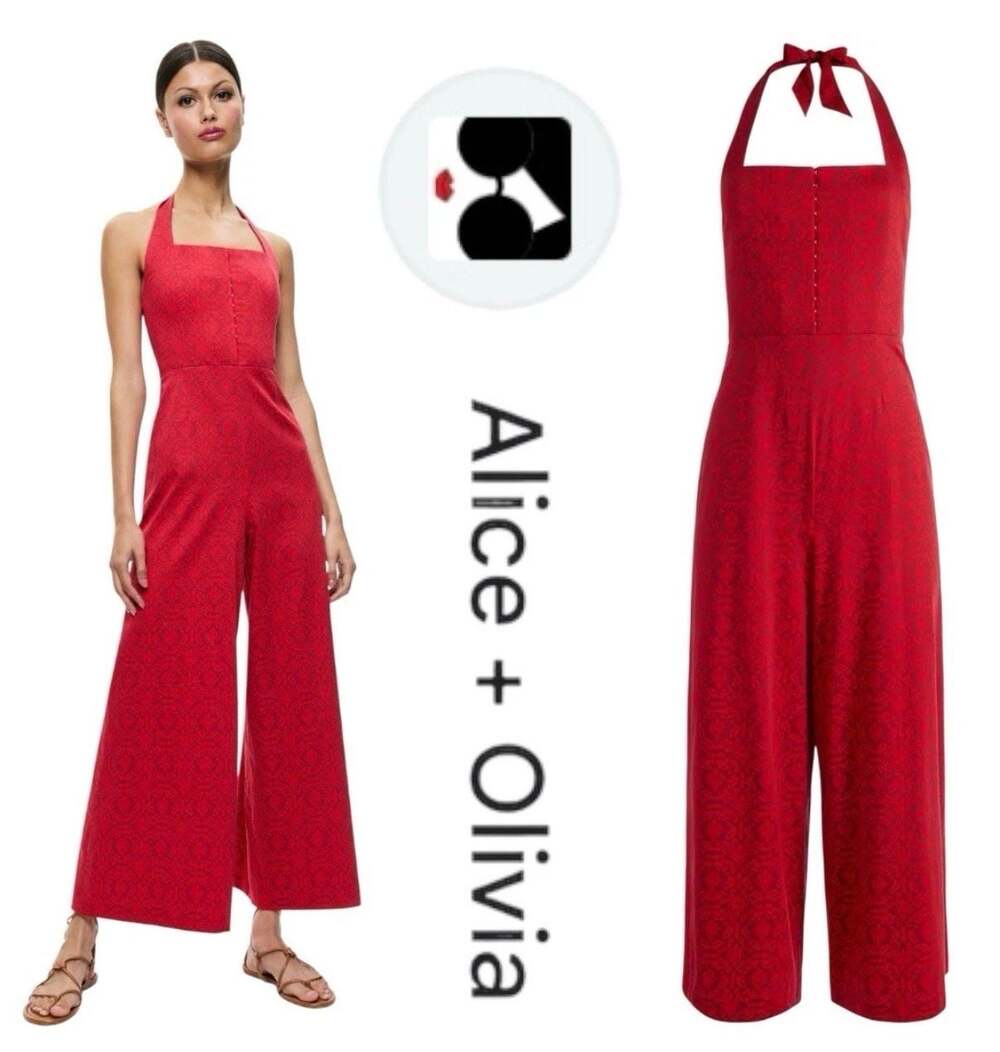 Alice + Olivia Aida Red Damask Print Wide Leg Halter Jumpsuit